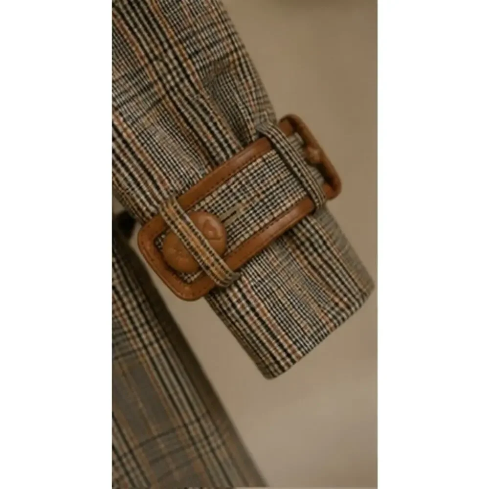Tory Burch Glen Plaid Belted Trench Coat Leather Trim XS US2